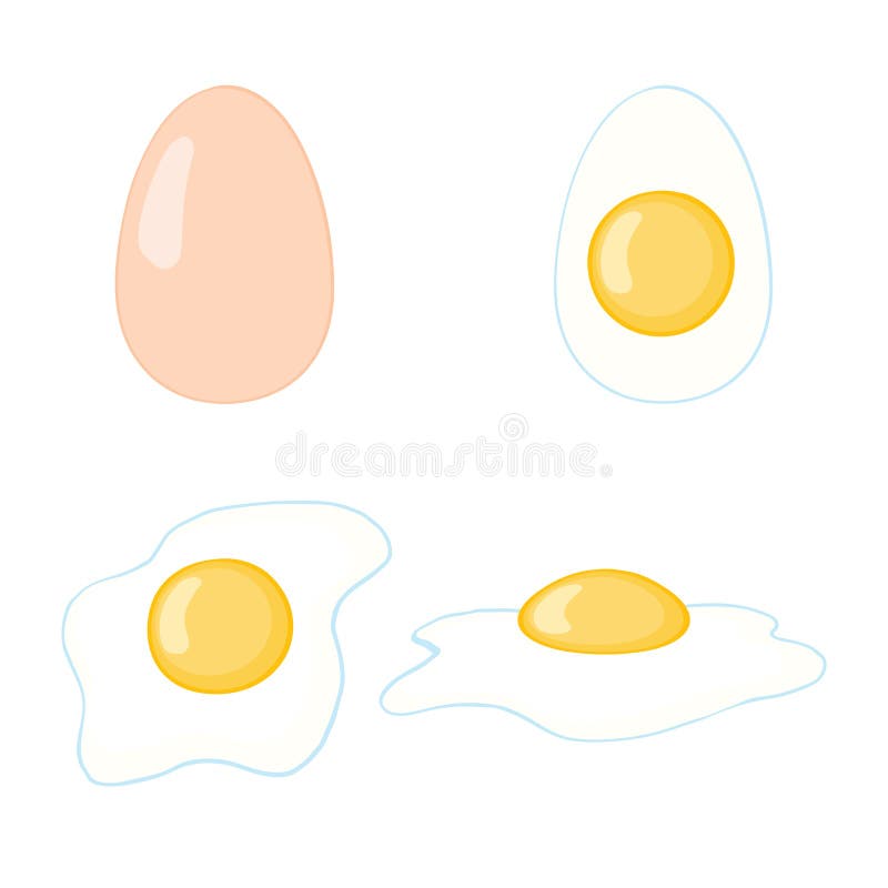 Cartoon egg isolated on white background. Set of fried, boiled, half, sliced eggs. Vector illustration. royalty free illustration