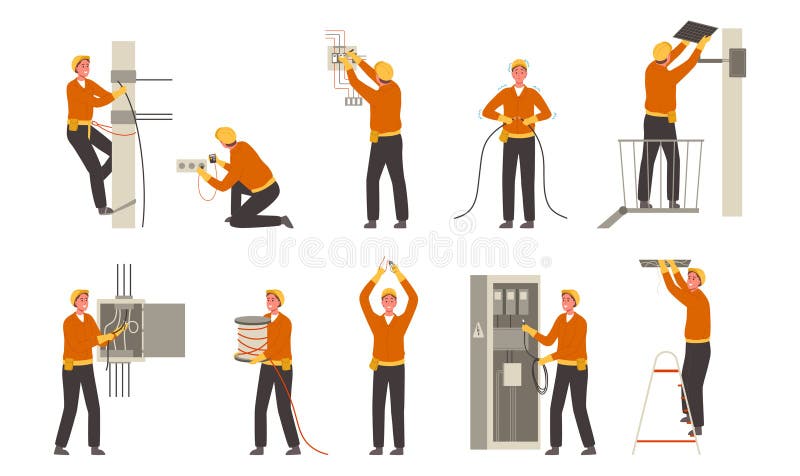 Cartoon electricians. Professional electricity worker, power lines maintenance engineer and energy supply transformer vector illustration