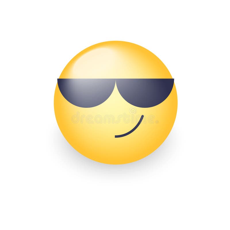 Cartoon emoticon wearing black sunglasses. Happy cute vector emoji. Smiley on glasses