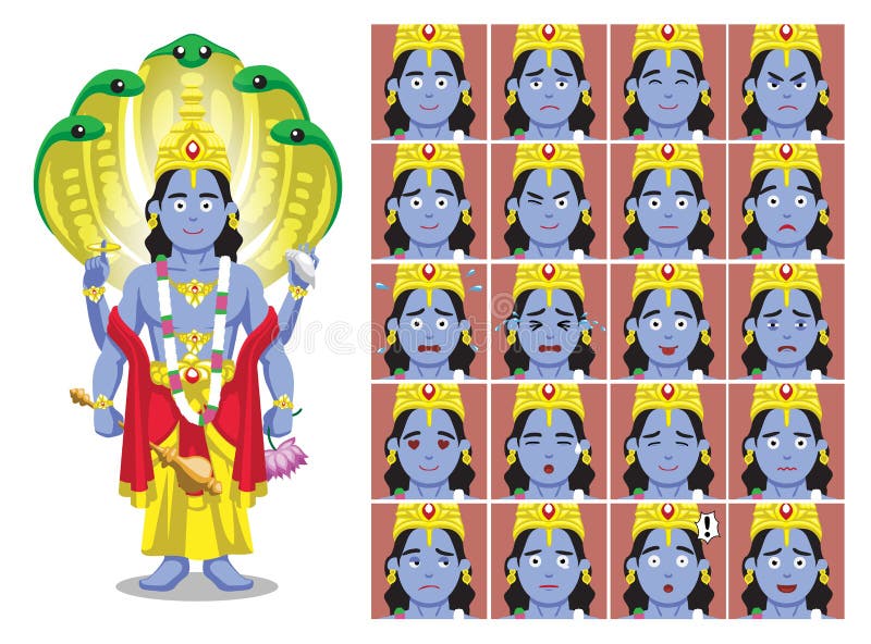 Hindu God Vishnu Cartoon Emotion faces Vector Illustration