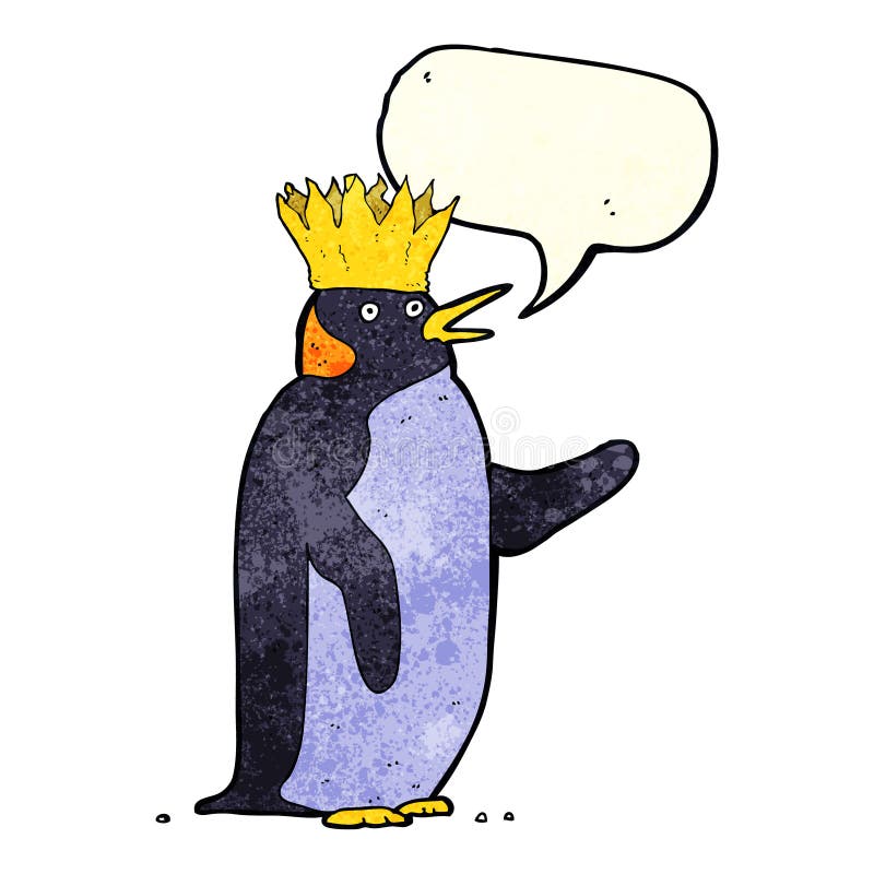 cartoon emperor penguin waving with speech bubble