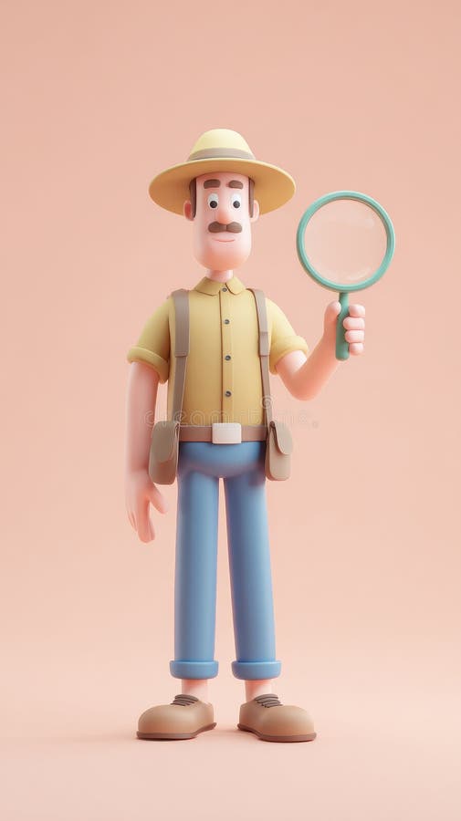 Cartoon Explorer with Magnifying Glass in Hand stock illustration