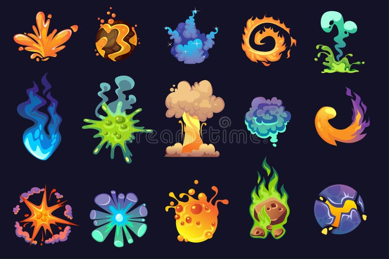 Cartoon explosion icon set. Boom effect vector elements for game design, illustrations etc. Animation scenes of explosion with vector illustration