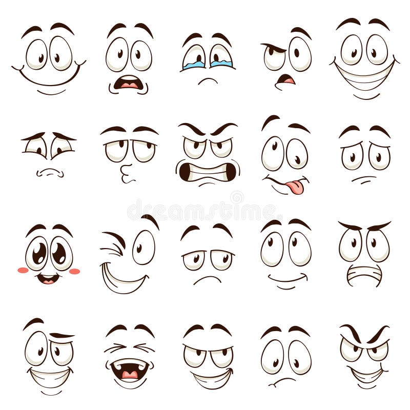 Cartoon faces. Caricature comic emotions with different expressions. Expressive eyes and mouth, funny flat vector