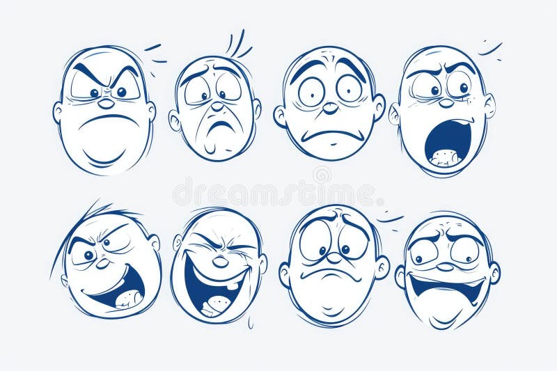 Cartoon faces depicting a range of emotions. Versatile image suitable for various applications. AI generated