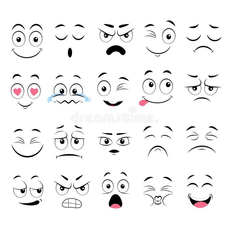 Cartoon faces. Happy excited smile laughing unhappy sad cry and scared face  expressions. Expressive caricatures vector set 24025283 Vector Art at  Vecteezy