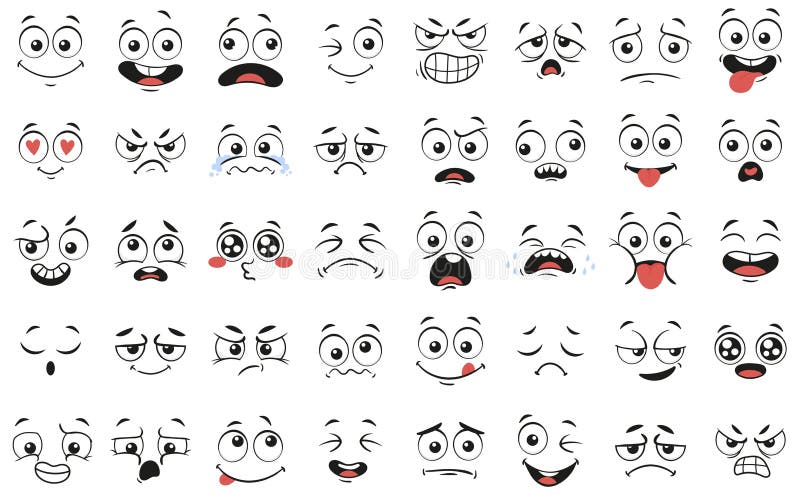 Cartoon faces. Expressive eyes and mouth, smiling, crying and surprised character face expressions vector illustration