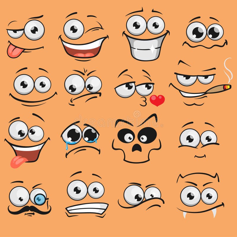 Cartoon faces. Happy excited smile laughing unhappy sad cry and scared face  expressions. Expressive caricatures vector set 24025283 Vector Art at  Vecteezy