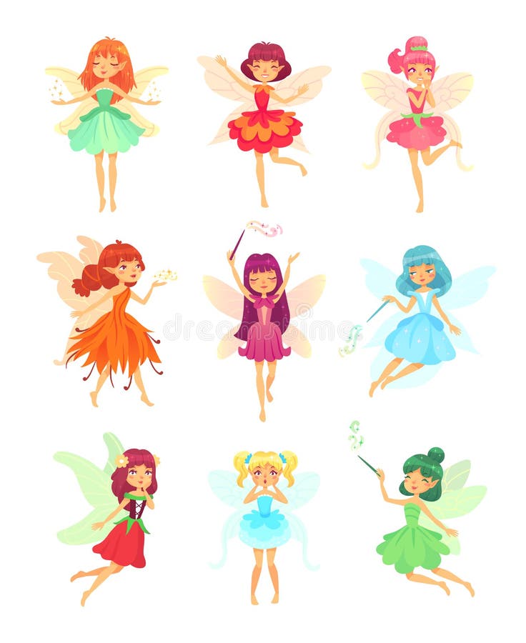 Cartoon fairies characters. Fairy creatures with wings and magic wands. Fabulous flying elf dress girls with flower