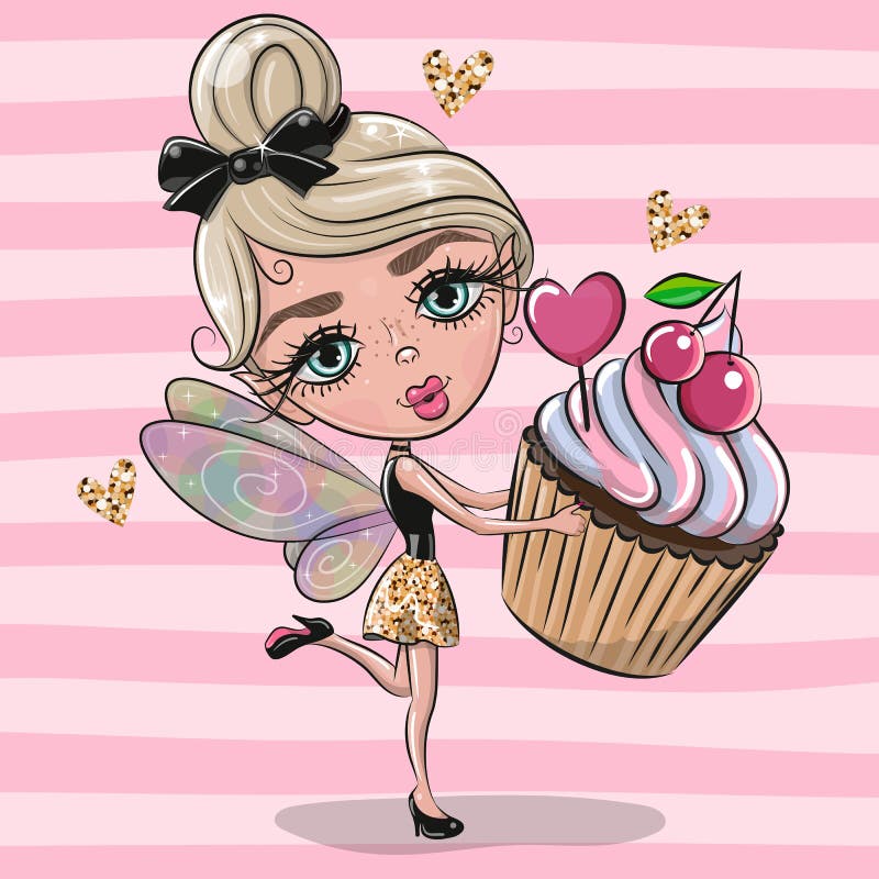 Cute cartoon fairy girl with Cupcake on a pink background