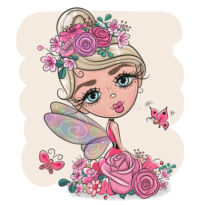 Cute cartoon fairy girl with flowers on a pink background