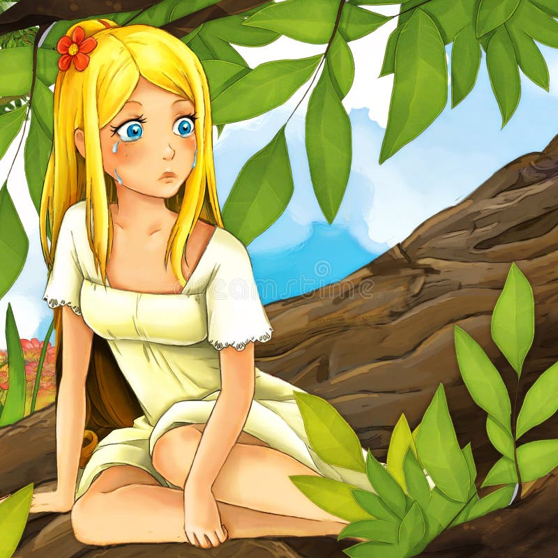 Cartoon fairy tale scene - beautiful young girl on the tree