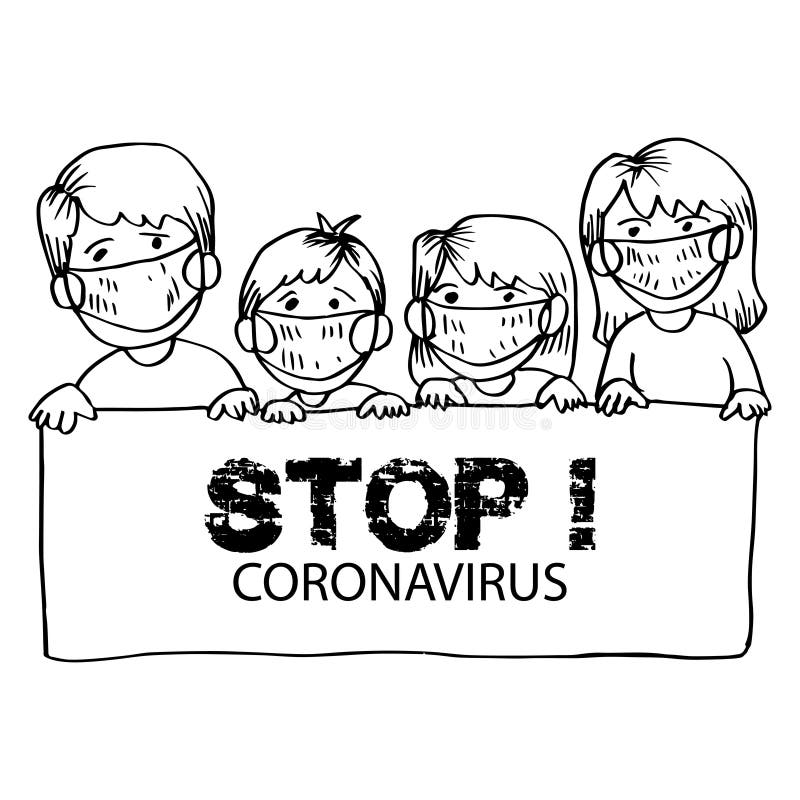 Cartoon Family Holding Stop Coronavirus Banner Message Stock