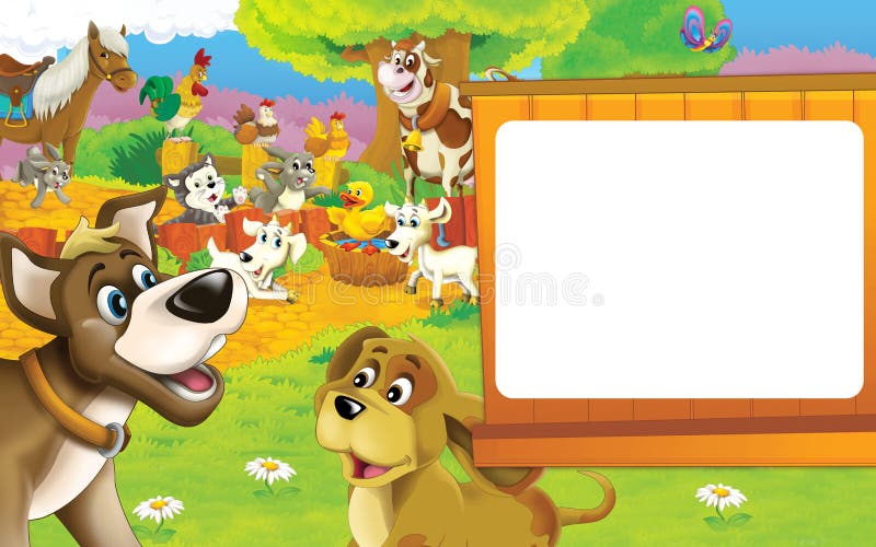 Cartoon Farm Scene - Two Dogs are Smiling - Rooster and Hens in the  Background - Space for Text Stock Illustration - Illustration of field,  page: 73603236