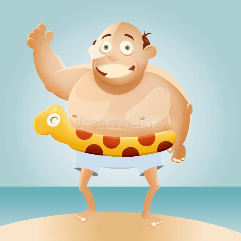 A smiling, bald, fat cartoon man standing on a beach with an inflatable water toy. A smiling, bald, fat cartoon man standing on a beach with an inflatable water toy.