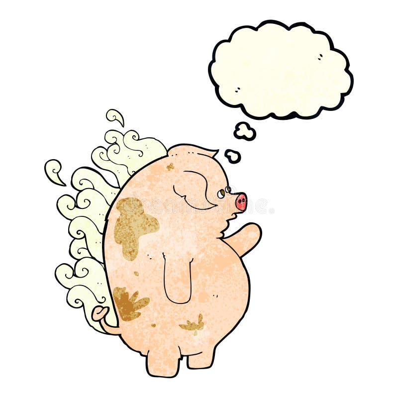 cartoon fat smelly pig with thought bubble