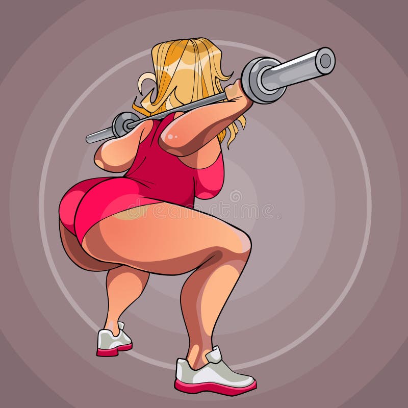 Cartoon fat woman squatting with the neck for the rod