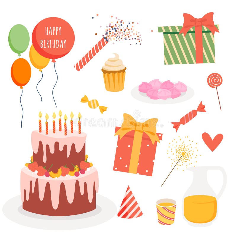 Cartoon festive birthday decoration collection with gift box, holiday confetti, cute cake and candles, balloon isolated