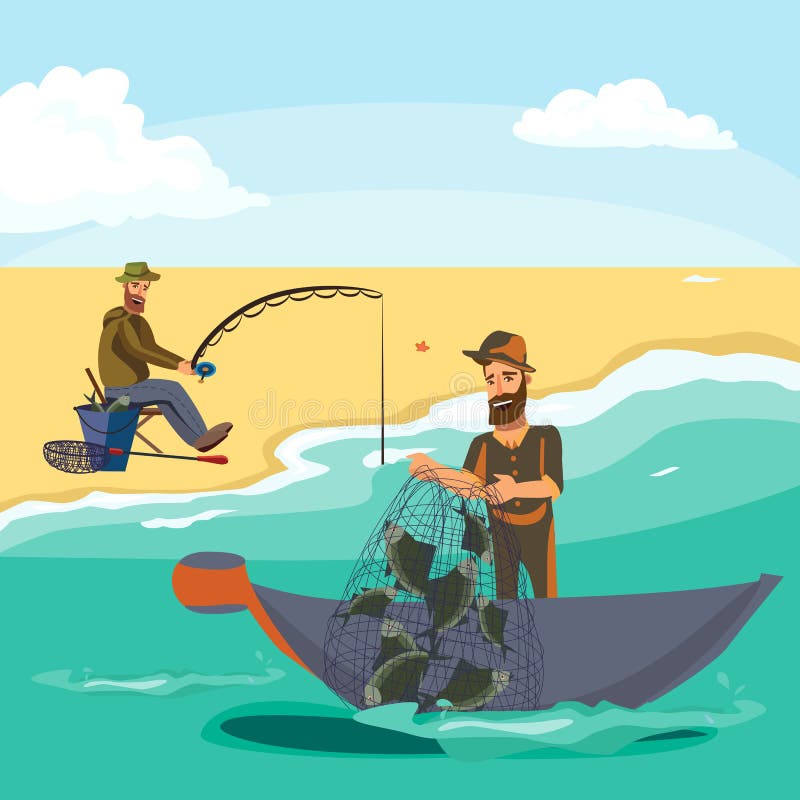 Cartoon fisherman standing in hat and pulls net on boat out of sea, happy fishman holds fish catch and spin vecor