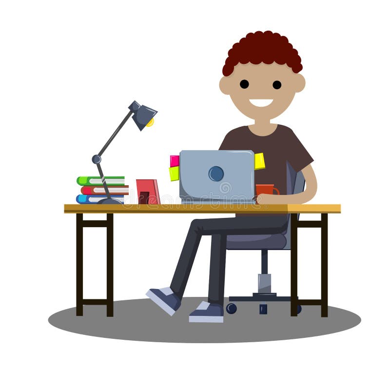 Cartoon Flat Illustration A Young Student Guy Sitting At A Table