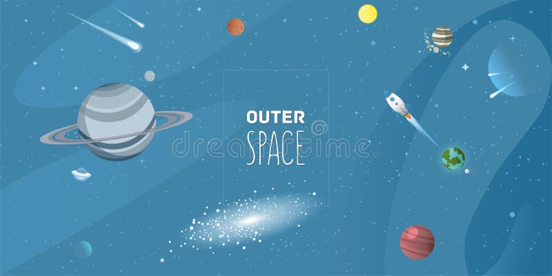 Cartoon Flat Space Exploring Background with Planets, Spaceship, Rocket,  Galaxy, Sun and Comets. Stock Vector - Illustration of discovery, banner:  177598157