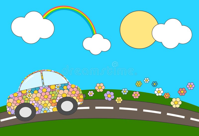 Cartoon flowers eco green car moving in a sunny day