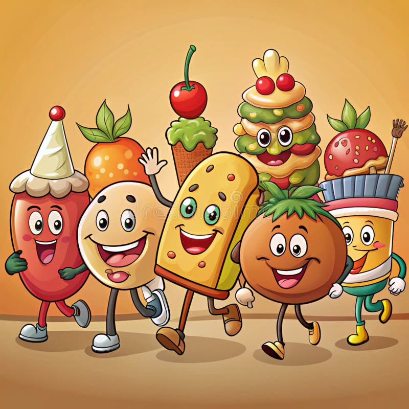 Cartoon food characters running together in a cheerful scene. A group of happy, animated fruits and desserts, like ice cream stock illustration