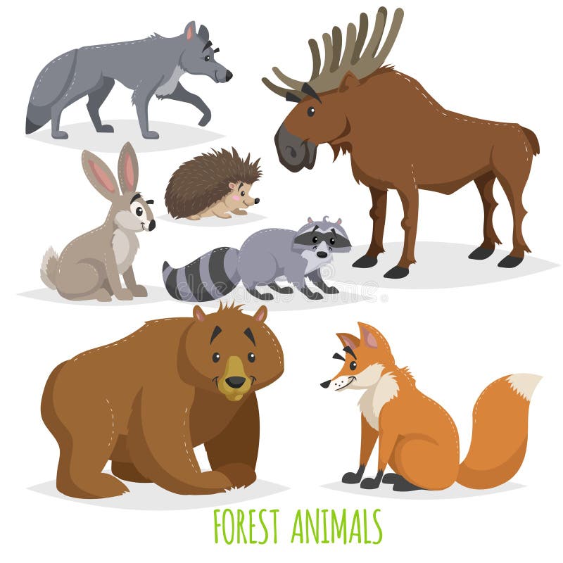 Cartoon forest animals set. Wolf, hedgehog, moose, hare, raccoon, bear and fox. Funny comic creature collection.