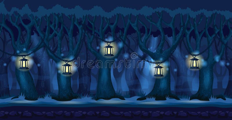 Cartoon Forest at Dark Night Background Stock Vector - Illustration of  lanterns, arcade: 92698774