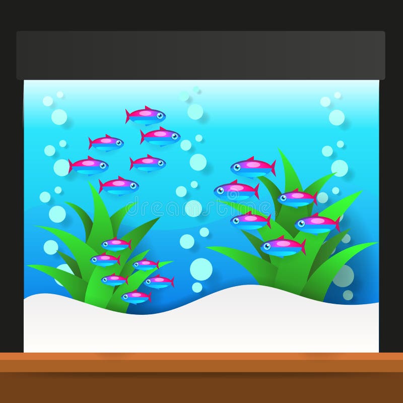 Cartoon Freshwater Fishes In Tank Aquarium Vector Illustration. Exotic Cartoon Fish In Aquarium royalty free illustration
