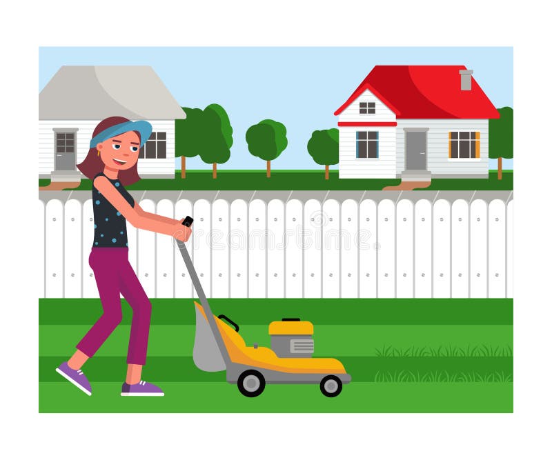 Cartoon friendly smiling young woman mowing grass with lawn mower on yard. 