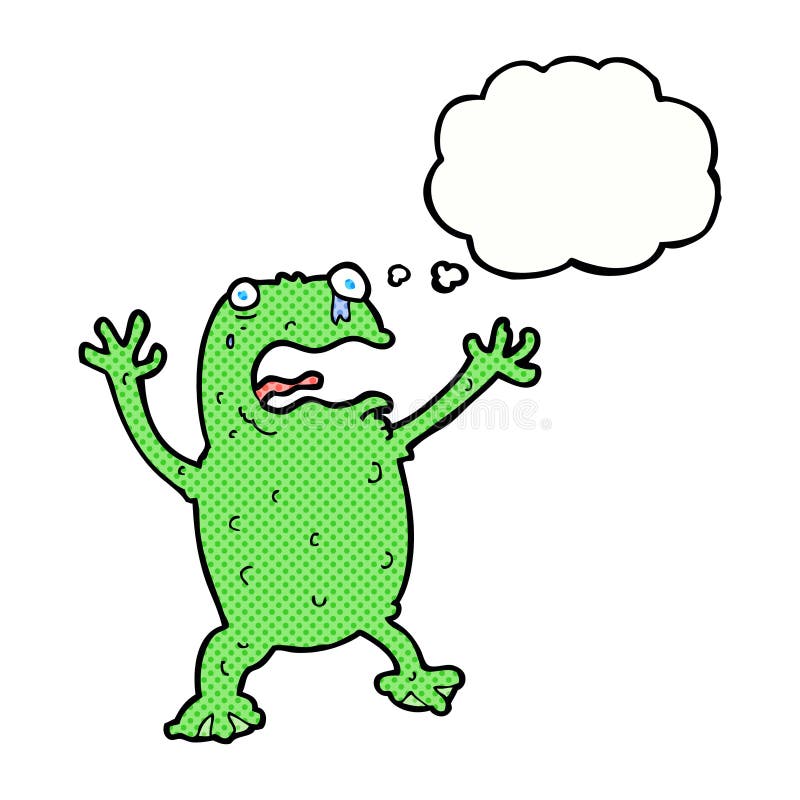 Cartoon frightened frog with thought bubble vector illustration.