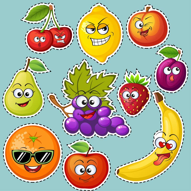 Cartoon fruit characters. Fruit emoticons. Stickers Grape, orange, apple, lemon, strawberry, peach, banana, plum, cherry, pear royalty free illustration Cartoon fruit characters. Fruit emoticons. Stickers Grape, orange, apple, lemon, strawberry, peach, banana, plum, cherry, pear royalty free illustration