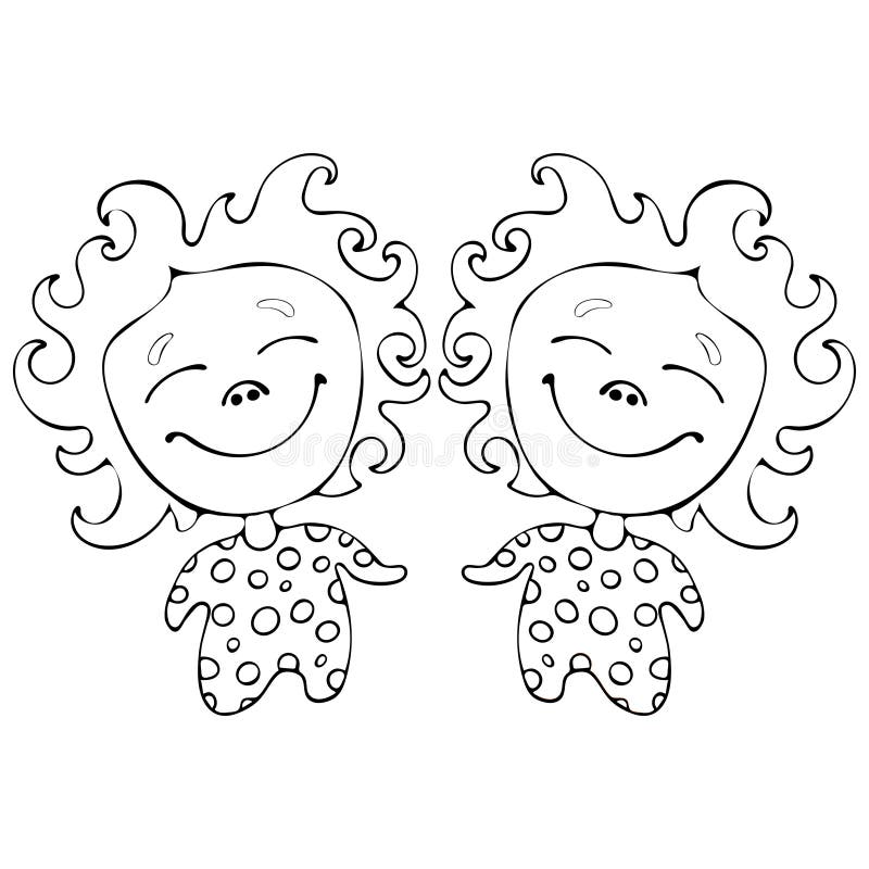 Cartoon funny babes twins for coloring book isolated on white background, vector black and white hand drawing, monochrome