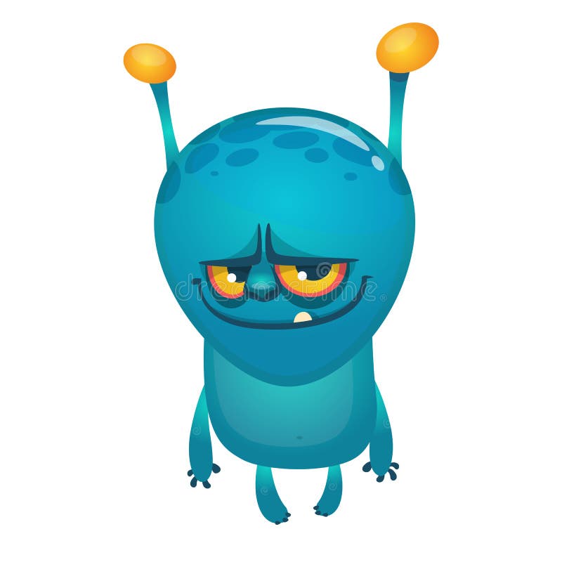 Cartoon funny blue alien creature with two antennas stock illustration