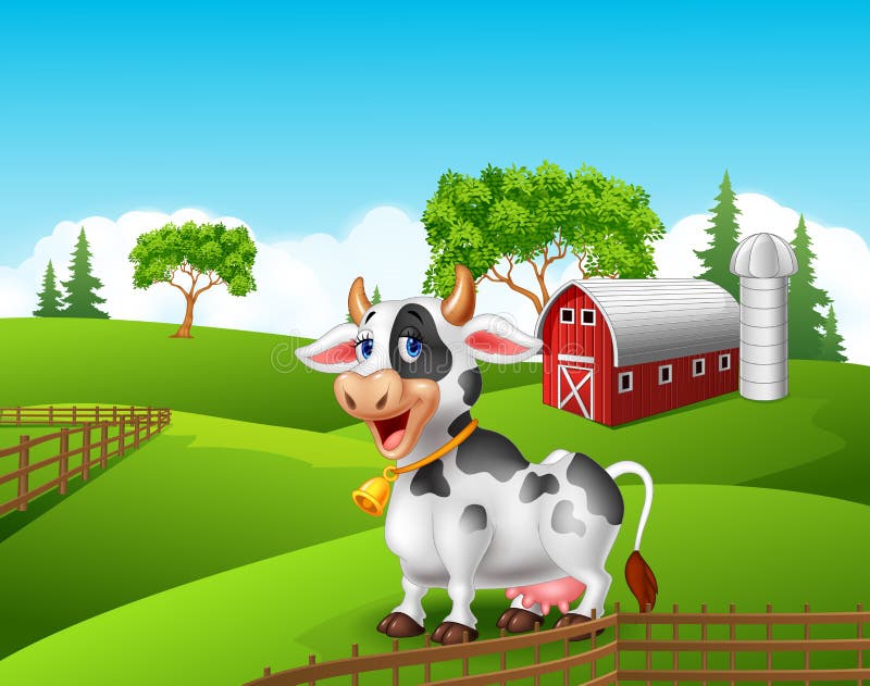 Cartoon Funny Cow in the Farm Landscape Background Stock Vector -  Illustration of food, bovine: 68370325