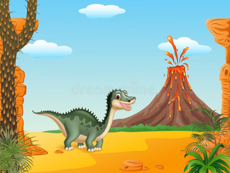 Cartoon funny dinosaur with volcano background stock illustration Cartoon funny dinosaur with volcano background stock illustration