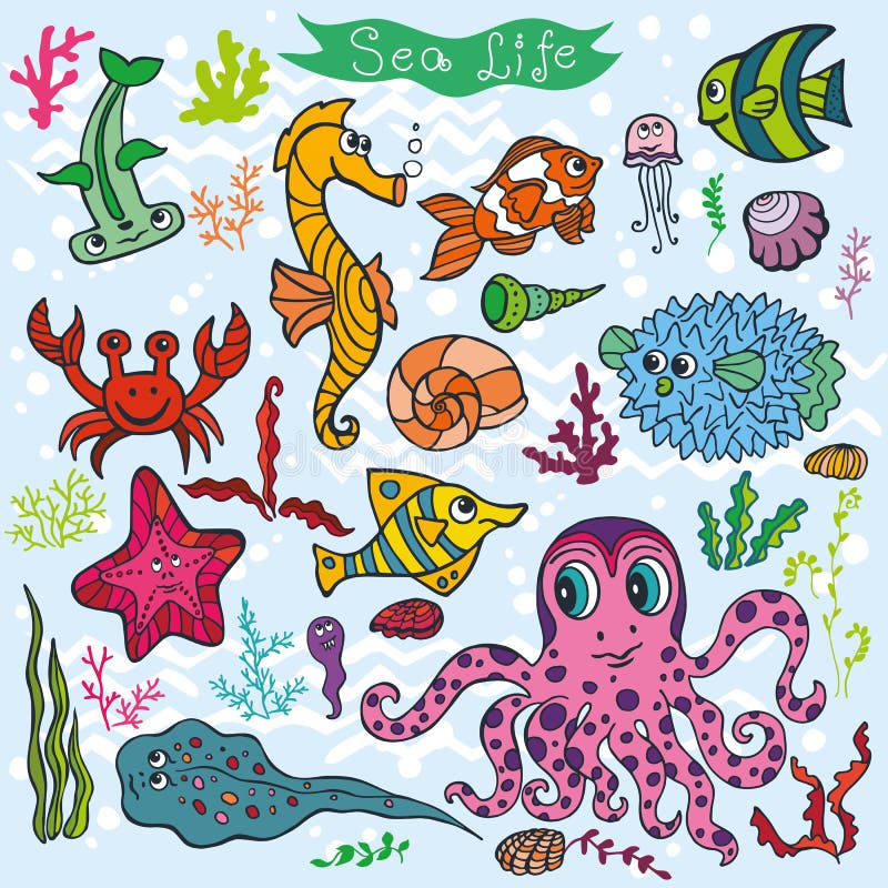 Cartoon Funny Fish, Sea Life background.Colored Doodle set