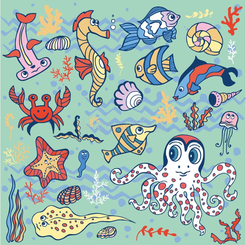 Cartoon Funny Fish, Sea Life background.Pastel Doodle set