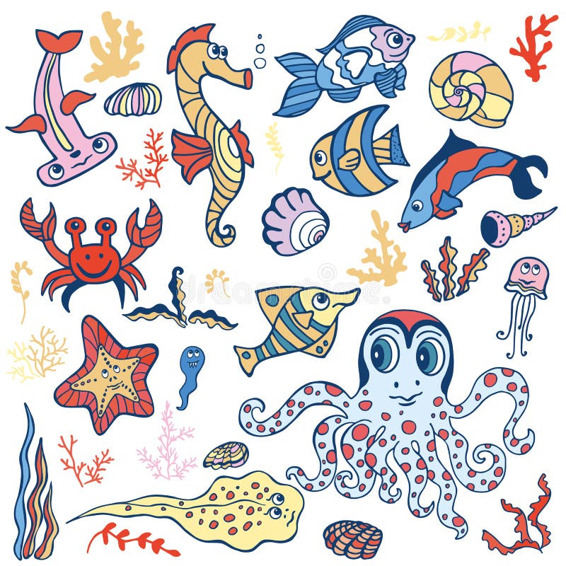 Cartoon Funny Fish, Sea Life.Pastel Doodle set