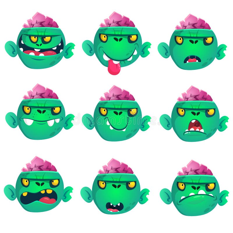 Cartoon Funny Green Zombie Character Design with Set of Scary Face ...