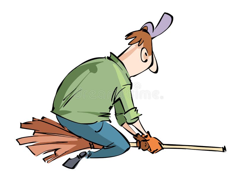 Cartoon Funny Man Flying on a Broom, Vector Illustration Stock Vector