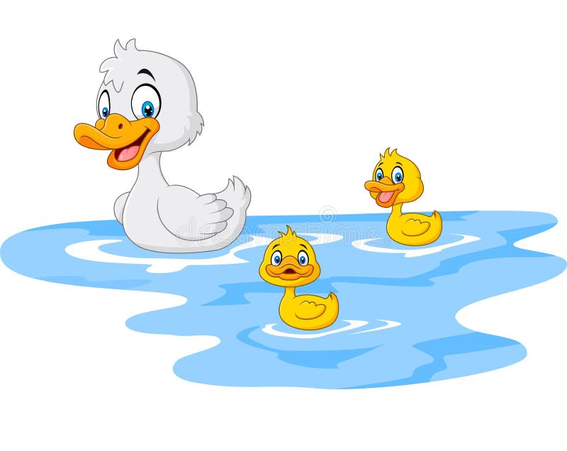 Illustration of Cartoon funny mother duck with baby duck floats on water