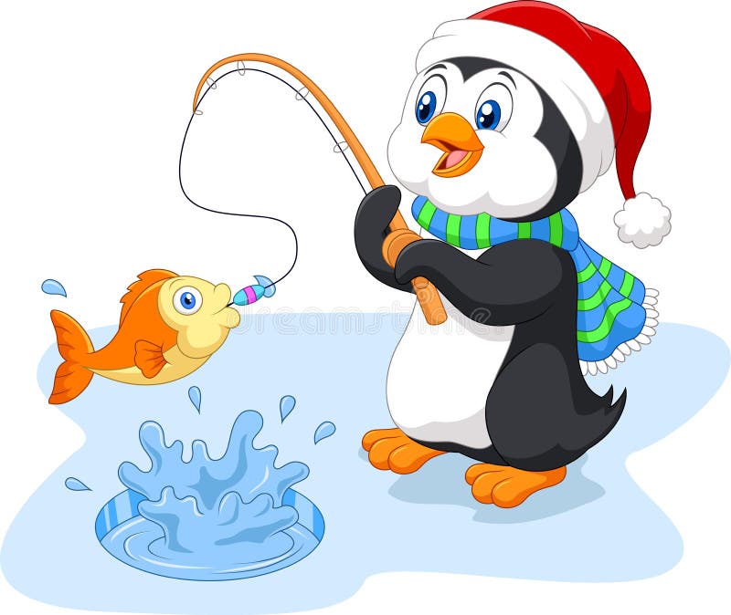 Cartoon funny penguin fishing stock illustration