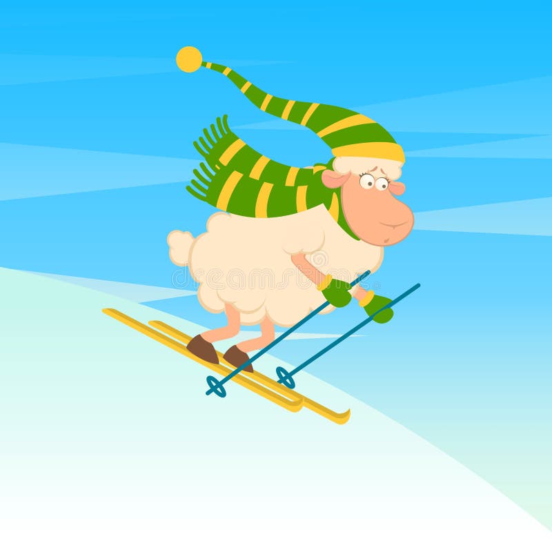 Cartoon funny skier sheep.