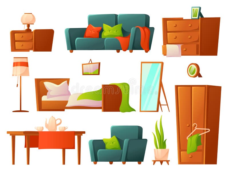 Cartoon furniture. Bed, lounge furnitures. Cozy house room elements, isolated sofa, arm chair, table. Lamps and wardrobe