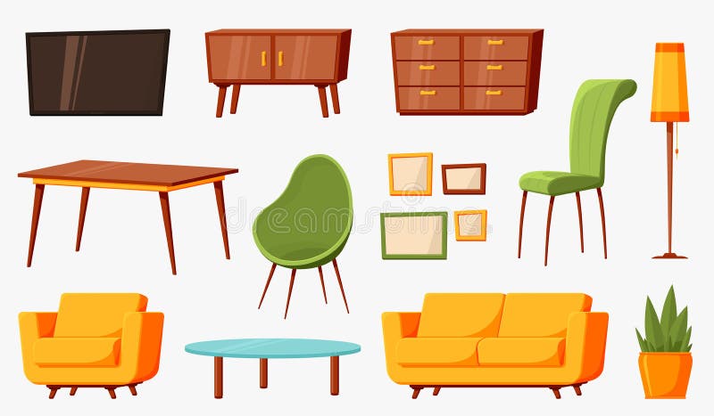 Cartoon furniture. Room furnitures, interior living lounge elements. Isolated home decor, modern sofa table chairs and