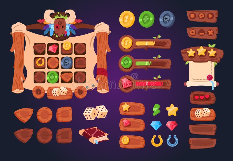 Cartoon game ui. Wooden buttons, sliders and icons. Interface for 2d games, app gui vector design royalty free illustration Cartoon game ui. Wooden buttons, sliders and icons. Interface for 2d games, app gui vector design royalty free illustration