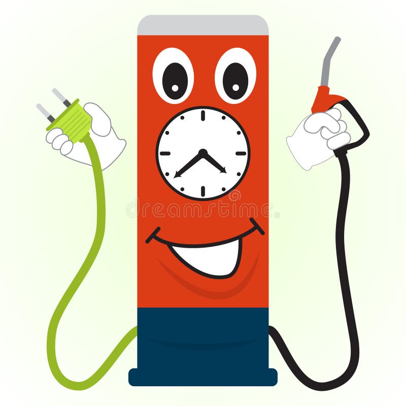 Cartoon gas station with a filling nozzle and electric plug