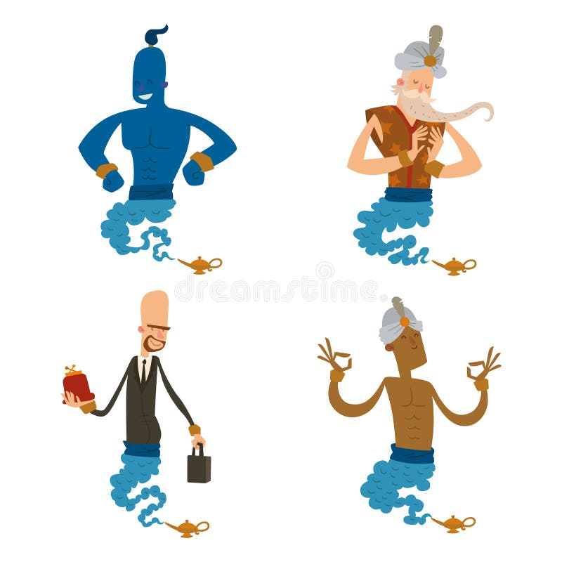 Cartoon genie character magic lamp vector illustration treasure aladdin miracle djinn coming out isolated legend set stock illustration Cartoon genie character magic lamp vector illustration treasure aladdin miracle djinn coming out isolated legend set stock illustration